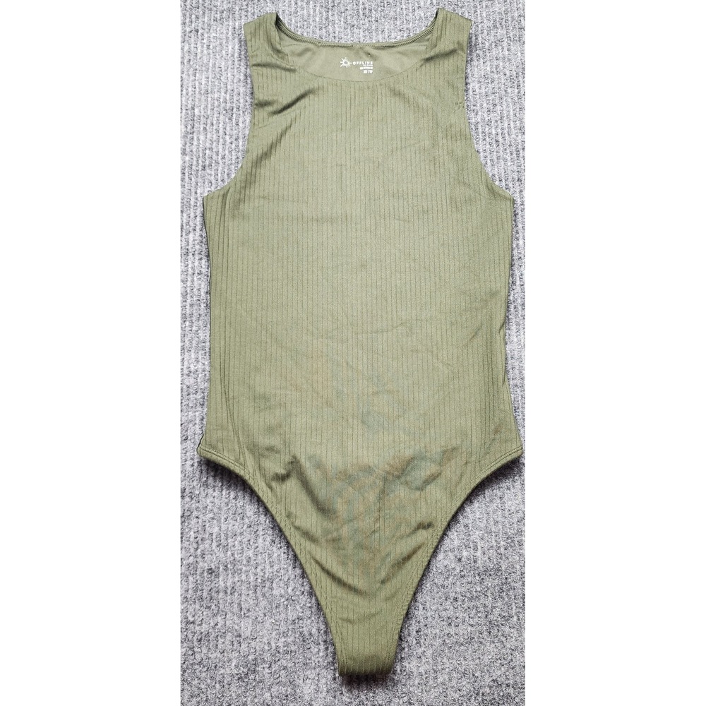 OFFLINE by Aerie‎ Real Me Ribbed Bodysuit Olive Green XS Sleeveless High Neck